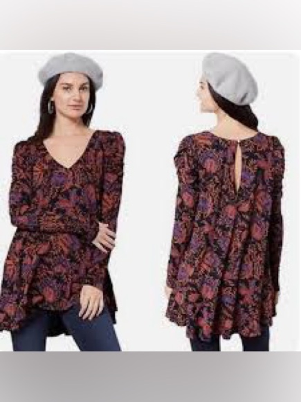 NWOT SIZE S/P Free People Printed V-Neck Long Sleeve Tunic - Purple & Rust